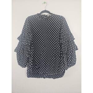 LOFT Mock Neck Ruffle Sleeve Top Black White Dot Pattern Blouse Medium